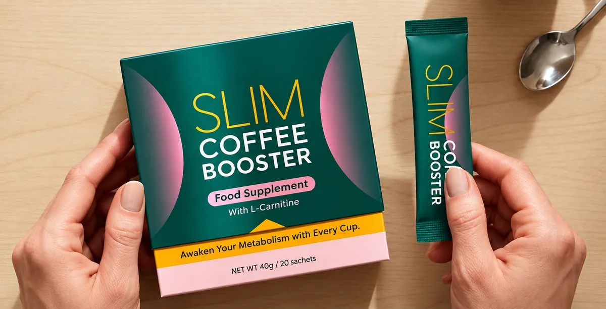 Hands holding a box of Slim Coffee Booster beside a single sachet on a timber table