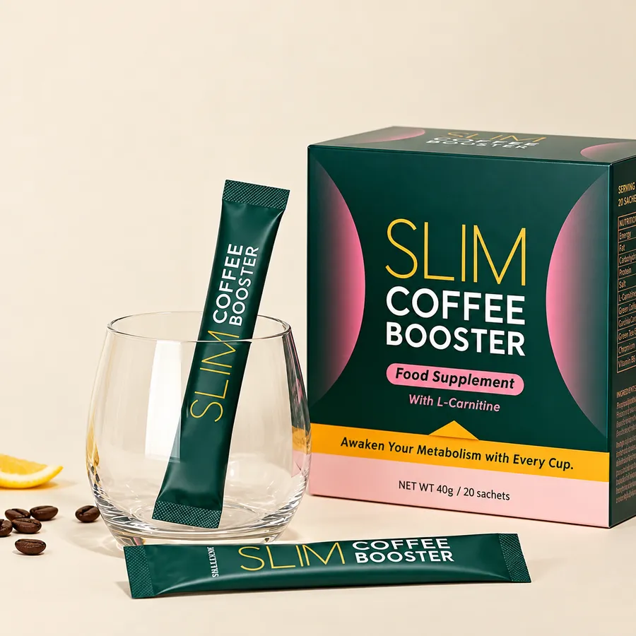 A Slim Coffee Booster sachet in an empty glass next to the product box and coffee beans